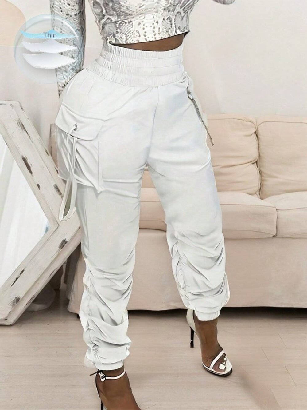 White Casual Women's High Waist Work Pants With 3d Pockets And Elastic Cuffs